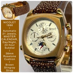 38mm Rosetn Cushion | Auto MASTER CALENDAR | Brown Stingray Strap NICOLET Watch