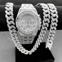 Luxury Lab Diamond Watch & Iced Cuban Chain Necklace & Hip Hop Bracelet Gift set