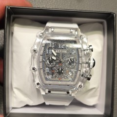 Activa Quartz Chronograph Gray Dial Clear Plastic Case White Silicone Strap Box