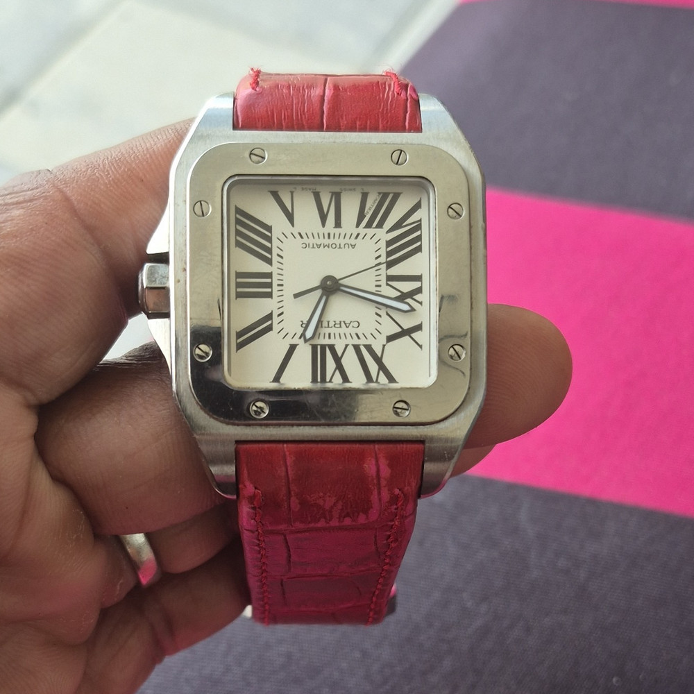 Cartier Santos Automatic Square Silver Watch White Roman Dial Red Strap
