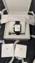 MICHELE Deco Women’s Quartz Date 33mm Silver SS Black Leather Watch Box/Papers