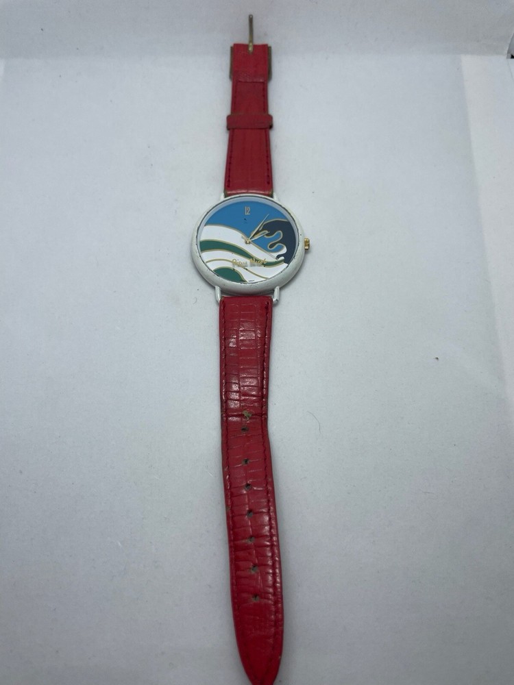 Pieve Nicol Analog Wristwatch with Red Band Blue White Green Black Wave Face