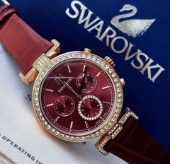 Swarovski 5416701 Era Journey Crystal Rose Gold Dial Red Leather Strap Watch NWT