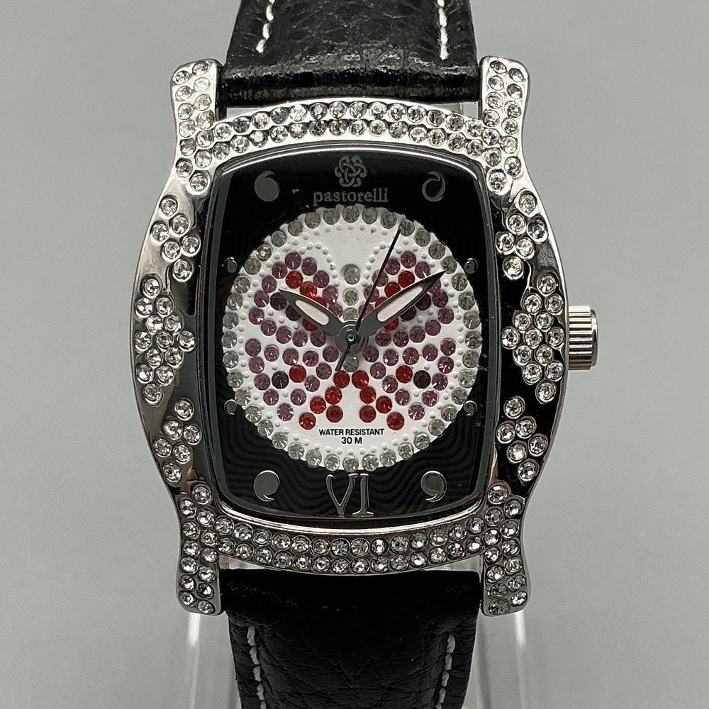 Pastorelli Womens Watch 30mm Black Dial Crystals Leather Cushion New Battery