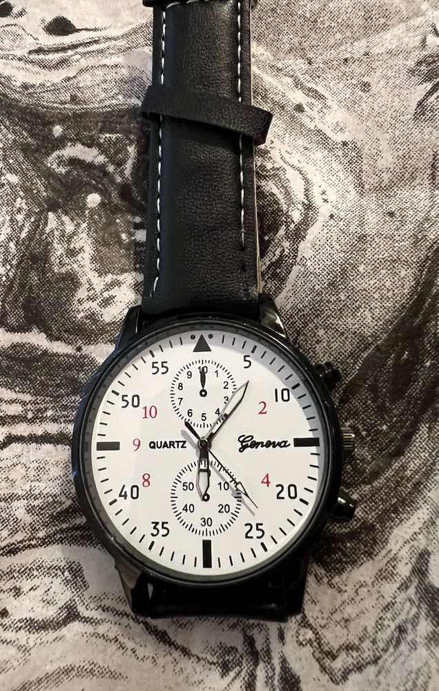 Geneva Quartz Analog Watch White Dial Black Leather Strap 40-43mm