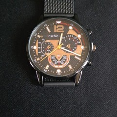 Inschic Mens Watch Black Mesh Band Quartz Gold Face Business Casual NEW
