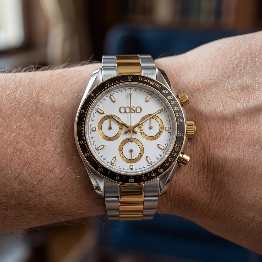 COSO Torvex Chronograph Watch White Dial Gold Sub-dials Two-Tone Bracelet