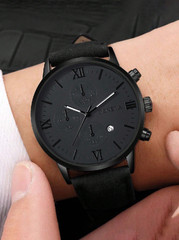 Men’s Black Wristwatch Geneva Roman Chronograph Quartz Watch, Faux Leather Strap