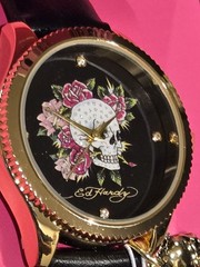 Ed Hardy Women’s Watch Skull Flowers Rhinestone Dial Gold Charm NWT