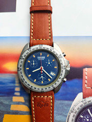 Yamaha Marine Quartz Chronograph Date Blue Dial SS Case Brown Leather 90m