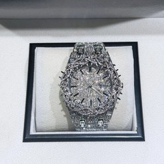 Iced Out Rhinestone Quartz Wristwatch Men Punk Gothic Stainless Steel Silver