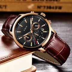 LIGE Men’s Luxury Chronograph Leather Strap Quartz Watch Waterproof Analog Date