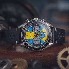 CILOA Men’s Racing Chronograph Watch Blue & Yellow Dial Leather Strap Tachymeter