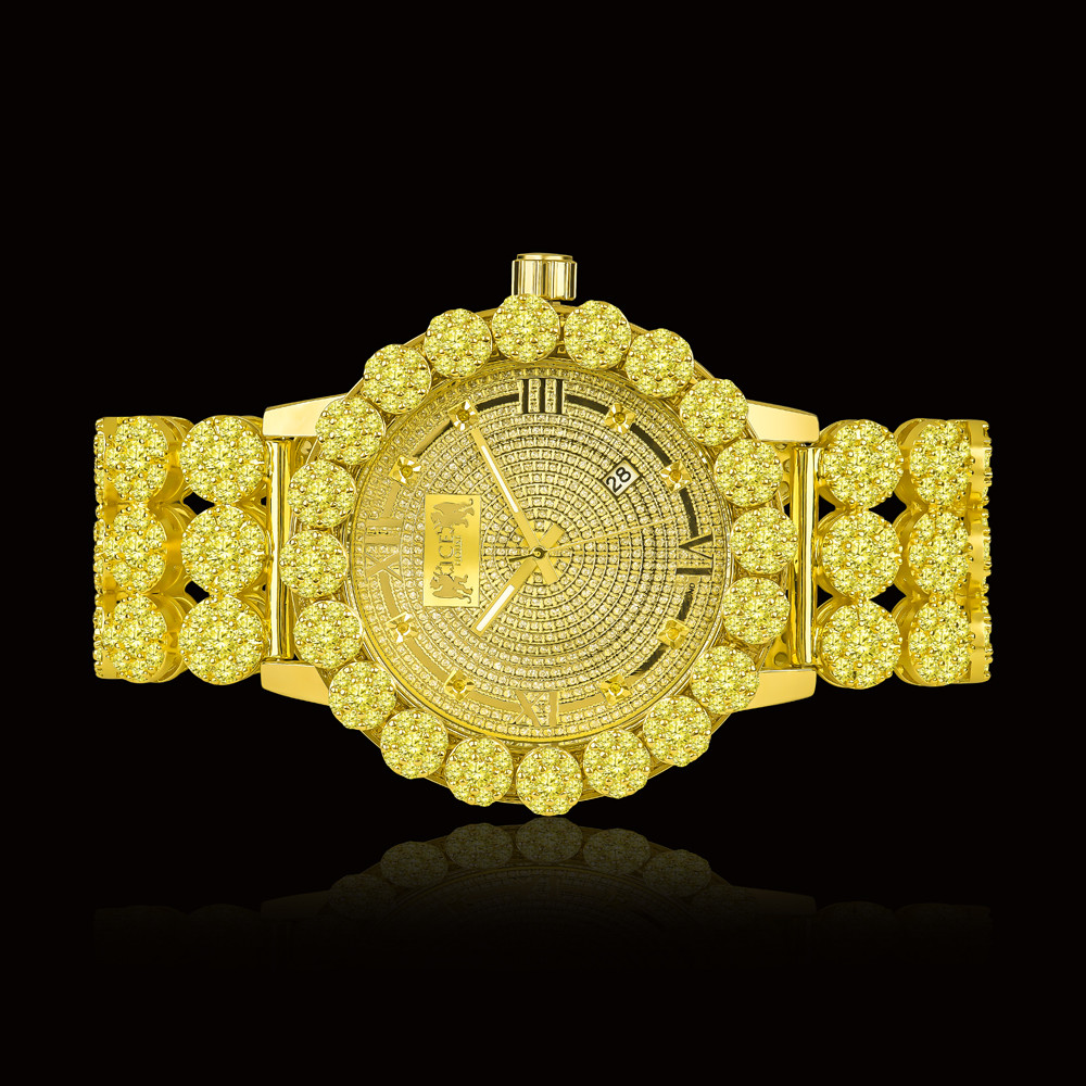 Real Diamond Gold Canary Custom Roman Flower Ice House Luxury Watch W/Date Men’s