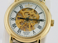 NEW NICOLET 1886 NT322122 MECHANICAL SKELETON WATCH GOLD DIAL LEATHER ANALOG B