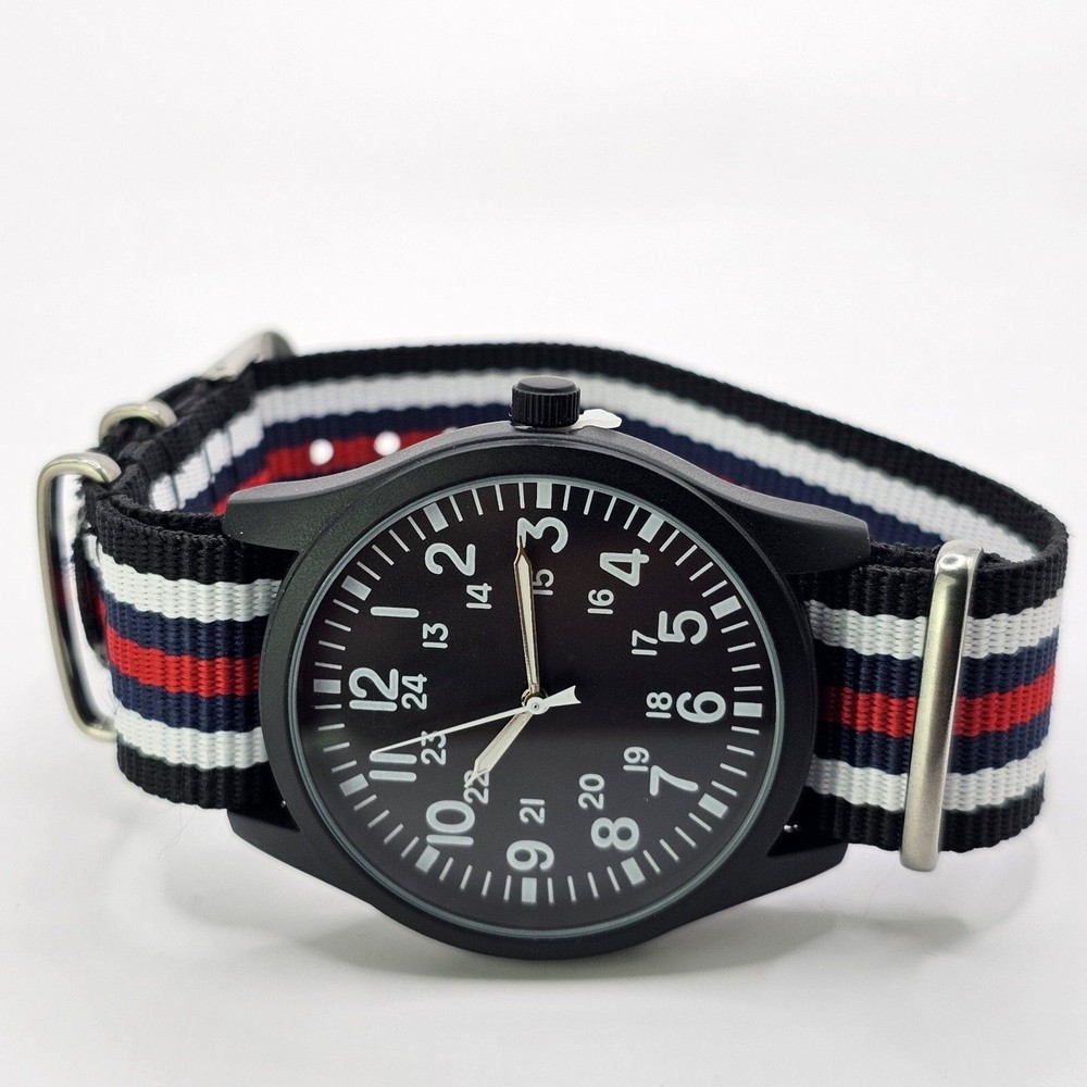 Men’s Military Field Watch 42MM Black Case Black Dial Multicolor Canvas Band