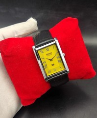 Vintage Refurbished Seiko Quartz Rectangular Yellow Dial Faux Leather Strap