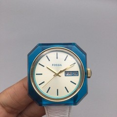Fossil Candy Watch Unisex 35mm Blue Octagon White Leather Day Date New Battery