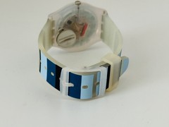 Swatch Swiss Originals NIGHT SKY Semi-Transparent Blue Stripes Watch 34mm GE275