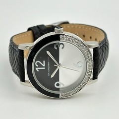 Ladies ISAAC MIZRAHI LIVE Silver Tone, Black Leather Band Watch, 36mm, Crystals