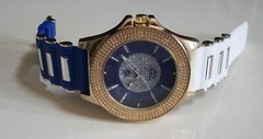 Men’s Gold Finish Silver, White & Blue Silicon Band Fashion Casual Hip Hop Watch