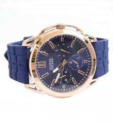 GUESS Watch Men’s Wristwatch Vertex W1177G4 Silicone Blue Rose Gold New