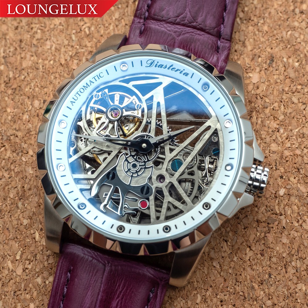 Mens Silver Flywheel Skeleton Automatic Mechanical Watch Purple Leather