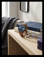 Movado Bold Men’s Watch 3600585 Blue Dial Brown Leather Strap Excellent Conditio