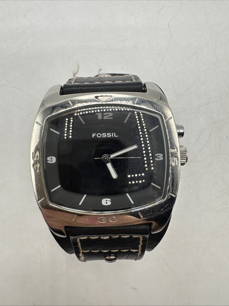 Fossil Big Tic Watch Men 41mm Silver Black Leather Band AM-3696