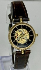 Vintage Fossil World “Machine” Skeleton Series Black & Gold Ladies Watch PC-9528