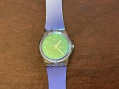 Swatch Ultralavande GE718 Purple White Day Date Watch 34mm New Battery Works