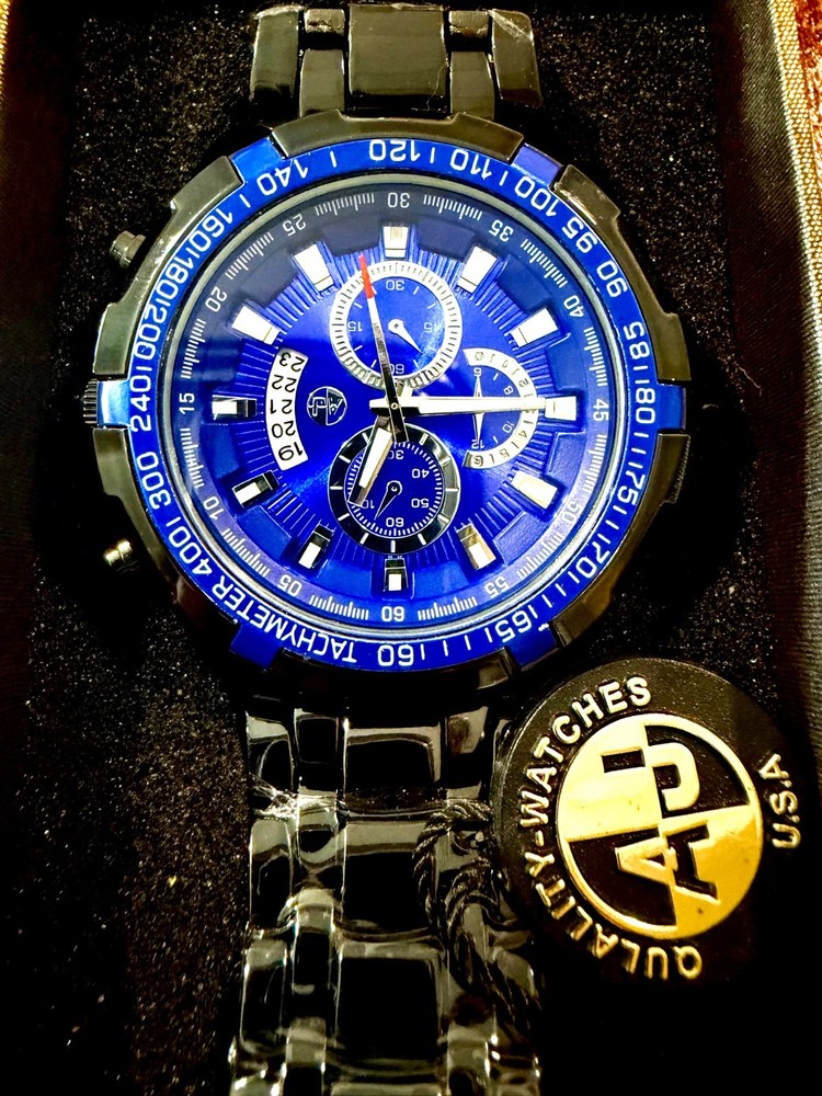 Adee Kaye Men’s Black Blue Chronograph Quartz Watch New w/ Tag Stainless Steel