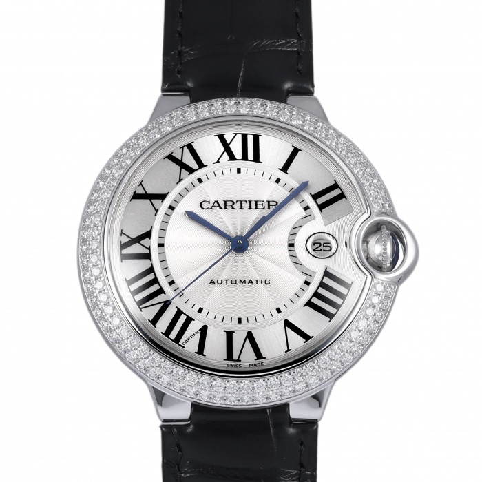Cartier Ballon Bleu WE900951 White Gold Leather Diamond 42.0mm Automatic #YKW101