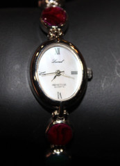 Vintage Lucoral Gemstone Quartz Watch Japan Movt Hong Kong Silver Tone Red Green