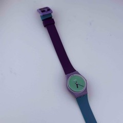Swatch swiss IS17 Quartz with Teal Blue Purple Band Battery replaced 24.7mm