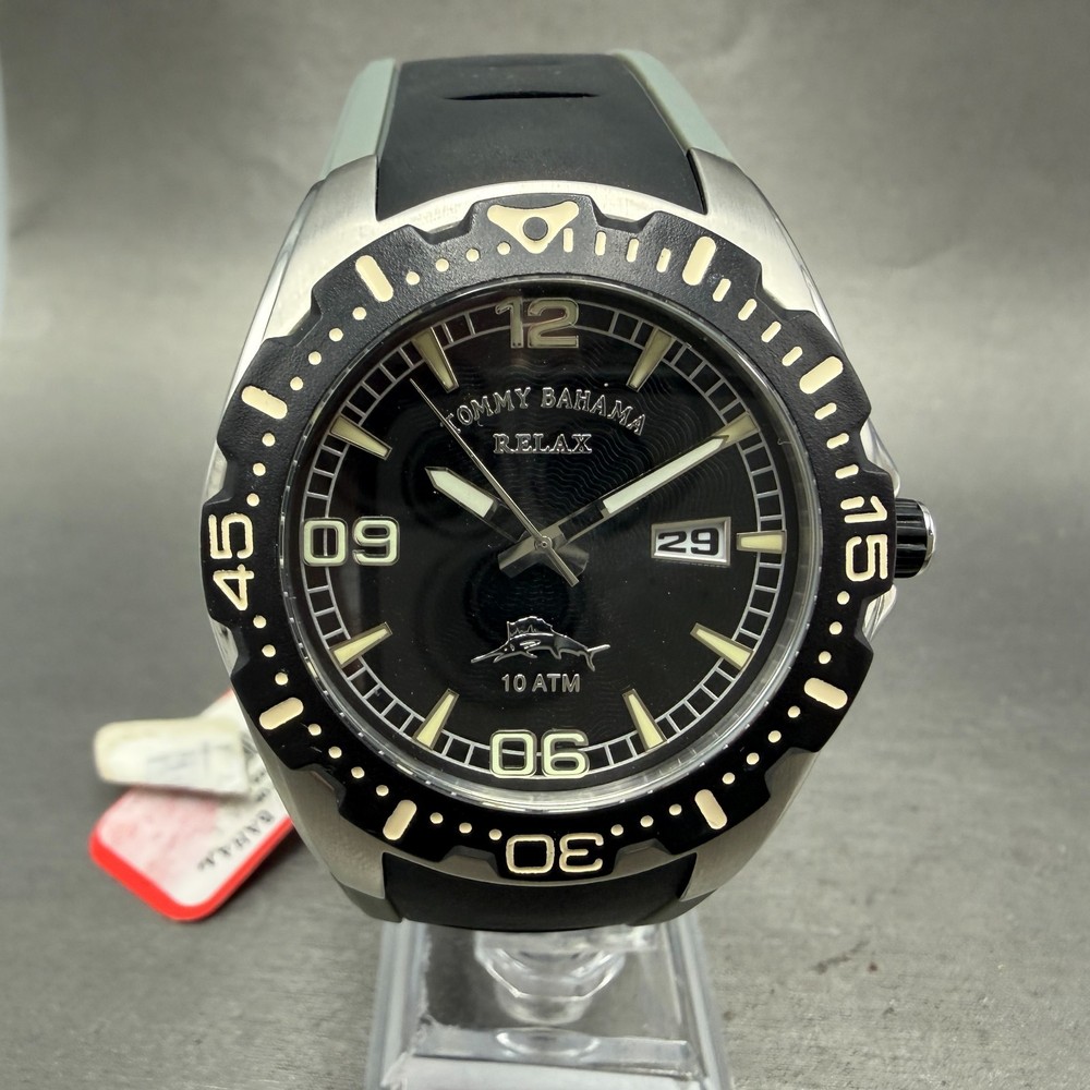 Tommy Bahama Dive Watch Men 44mm Black Dial Steel Date Round TBRLX1002 New Batt