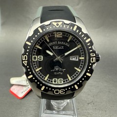 Tommy Bahama Dive Watch Men 44mm Black Dial Steel Date Round TBRLX1002 New Batt