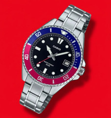Casio Analog Watch Stainless Steel Pepsi Nautical Black Dial Diver Wristwatch
