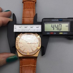 JBW Mens Watch 44mm Gold Tone Crystals Brown Leather Band J6350D New Battery