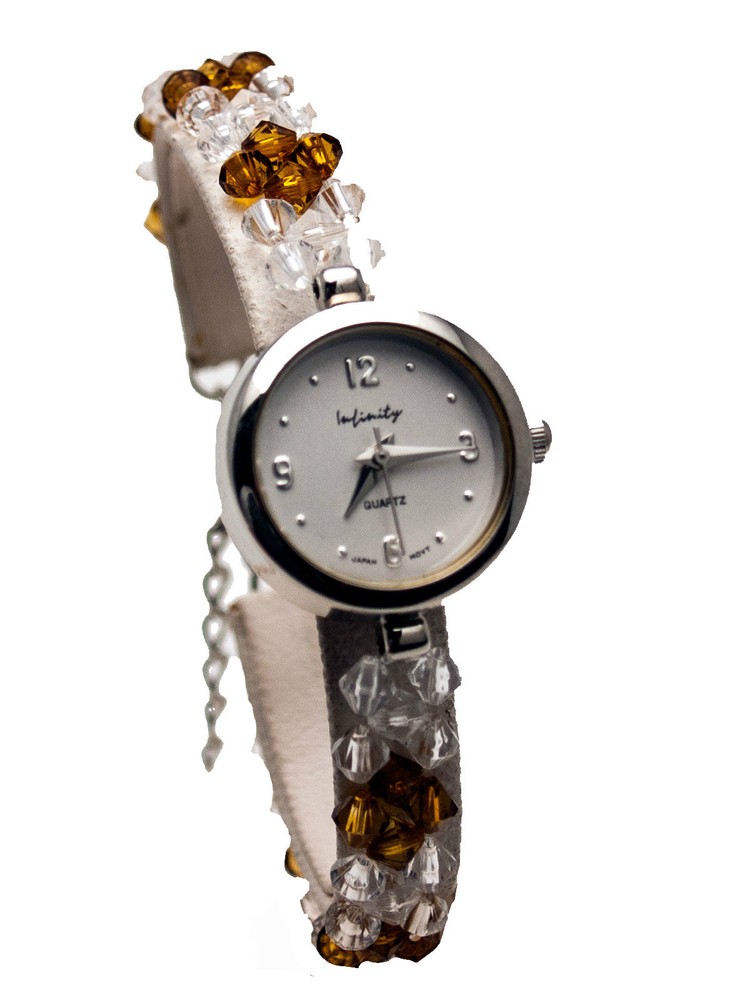 INFINITY WOMENS’ ANTIQUE LOOK GLASS DARK BROWN/CLEAR COLOR BEADS WATCH BRACELET