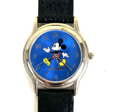 Mickey Walking Blue Watch Face Wristwatch Black Leather strap