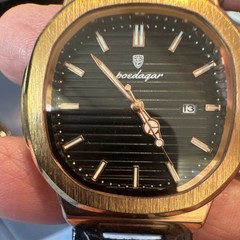 Bedagar Quartz Men’s Wristwatch Date Black Dial Gold Case Brown Leather 3ATM