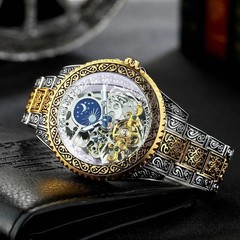 Forsining Luxury Gold Skeleton Moon Phase Engraved Tourbillon Steel Strap
