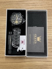 OLEVS Chronograph Mens Watch 42mm Black Dial Black Onyx Stainless Band
