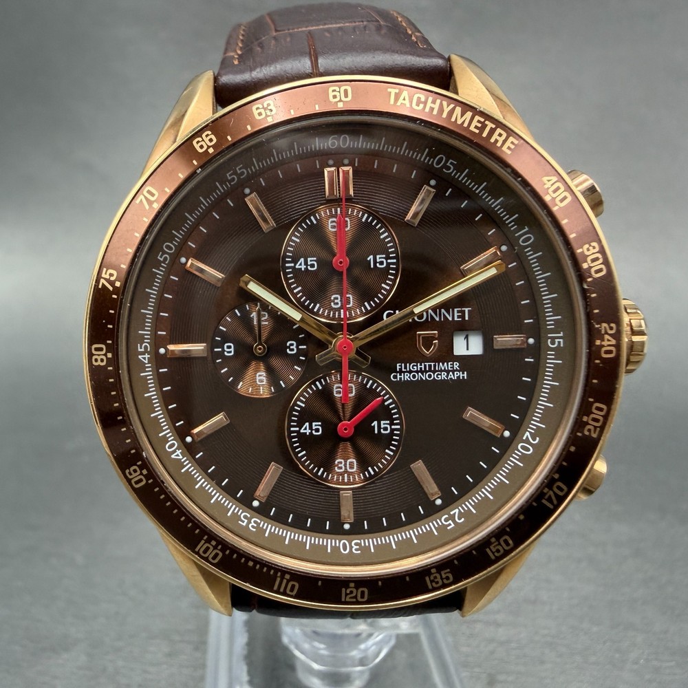 Guionnet Flighttimer Chronograph Watch Men 42mm Brown Dial Rose Gold Date NewBat