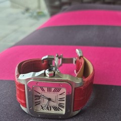 Cartier Santos Automatic Square Silver Watch White Roman Dial Red Strap