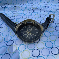 FMD Quartz Analog Chronograph Black Dial Gold Tone Case Black Rubber 48-51mm