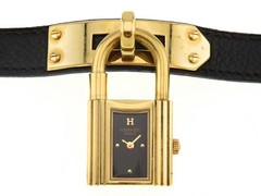 Hermes Kelly KE1.201 Gold Plated / Leather 20.0mm Black Dial Quartz #DW966