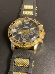 Zhowe Gold Tone Watch Black Dial Faux Chronograph Black Rubber Band New Battery