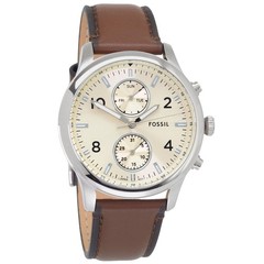 FOSSIL Bennett Mens Multifunction Watch Cream Dial Day Date, Brown Leather Strap